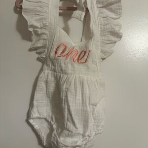White Baby Romper with Pink Embroidery- 1st birthday, one baby girl